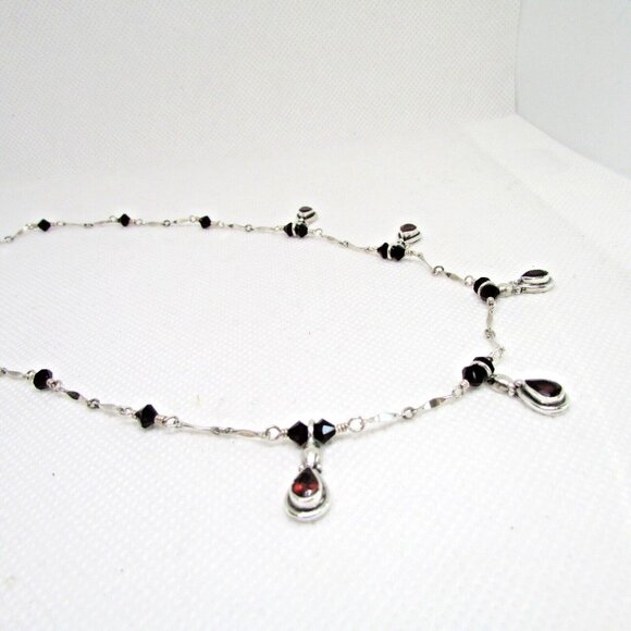 Vintage Sterling Silver 16.5" Tear Shape Garnet & Red Crystals Station Necklace - Picture 8 of 12